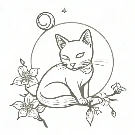 Cat With Moon Wings And Sakura Flowers