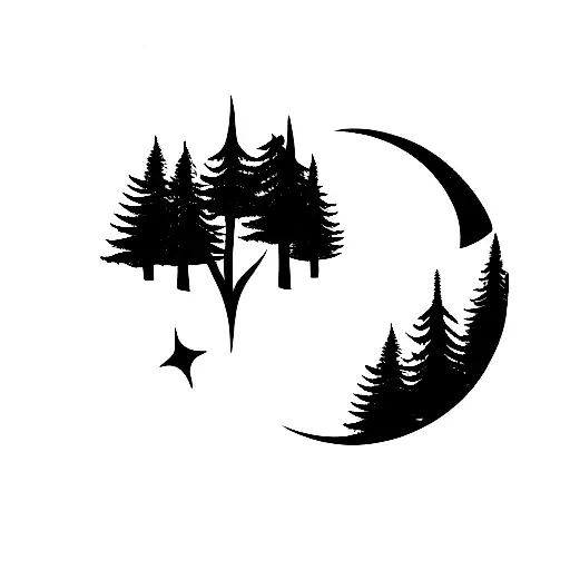 Tall Pine Trees With A Half Moon In The Background