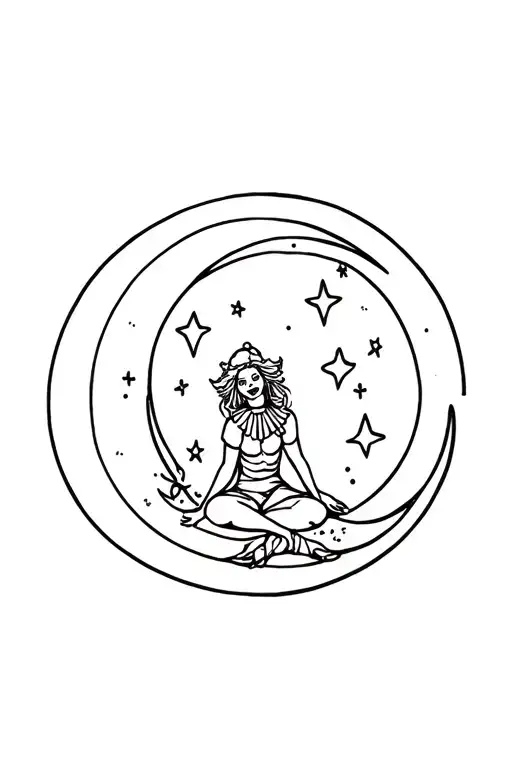 Woman Clown Sitting On The Moon Inside Surrounded By Stars