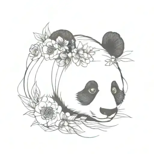 Fine Line Panda And Flowers Blooming