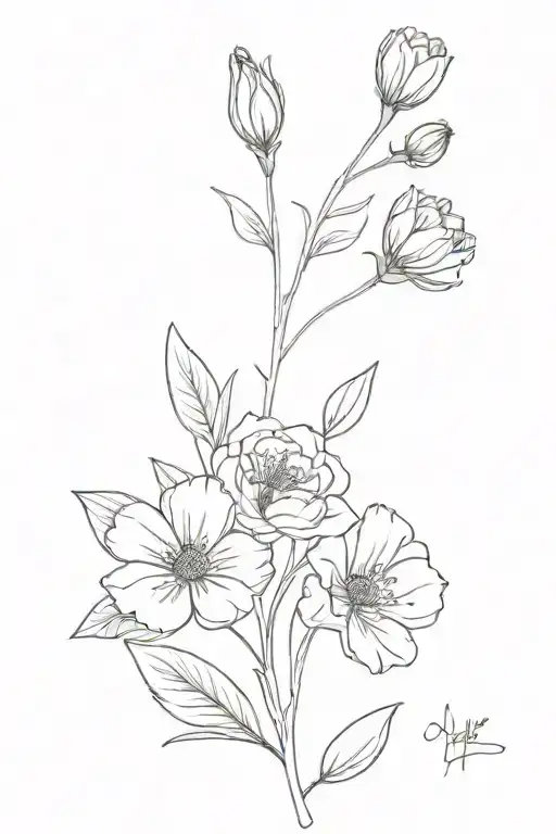 February April September Birth Flower Bouquet Fine Line