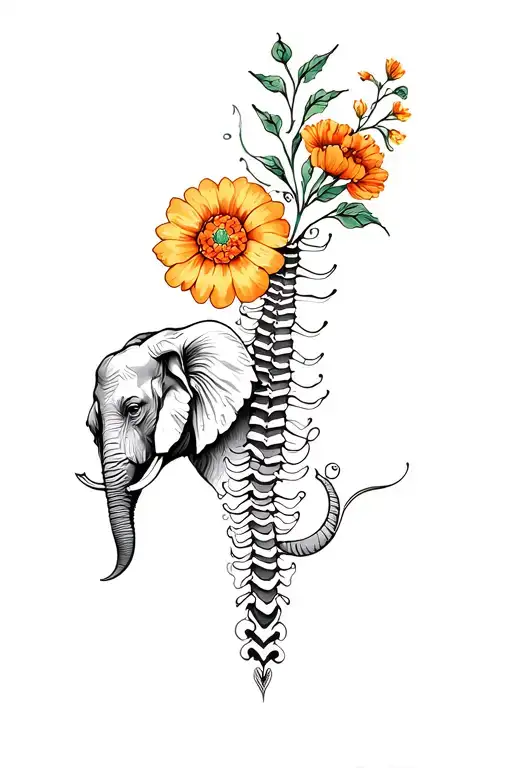 Spine Tattoo With A Marigold And An Elephant