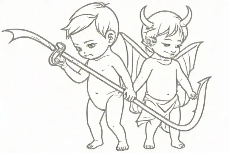 Little Demon With Scythe On The Left Little Angel With Bow On The Right Chest