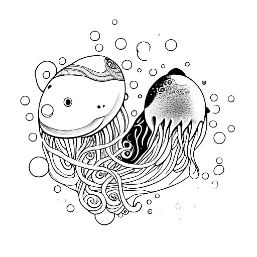 A Unique Minimalist Design Featuring A Jellyfish And A Dolphin Swimming Together In Harmony