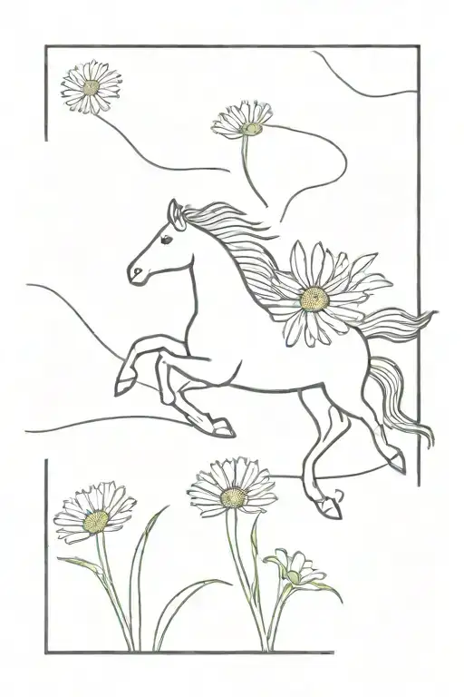 Simple Line Daisey With Simple Line Horse Galloping Through A Field