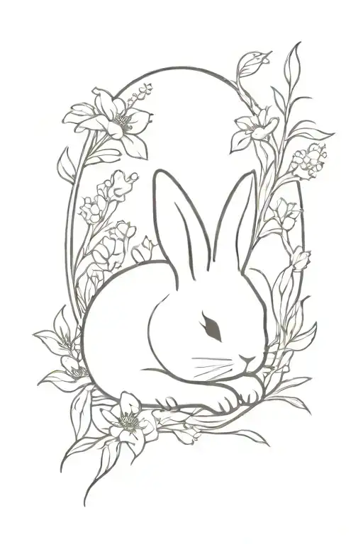 Sleeping Little Fat Fluffy Rabbit Lies In Small Flowers