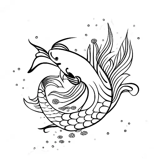 Fineline Koi Fish With Flowers And Wavy Lines Like Water