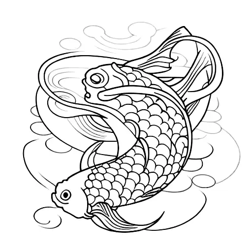 Fineline Koi Fish Shaped Like Ying And Yangwith Flowers And Wavy Lines Like Water