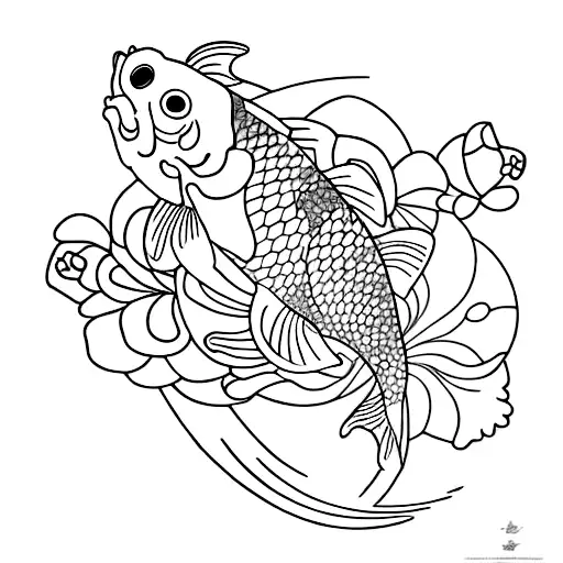Fineline With 2 Koi Fish Shaped Like Ying And Yangwith Flowers And Wavy Lines Like Water