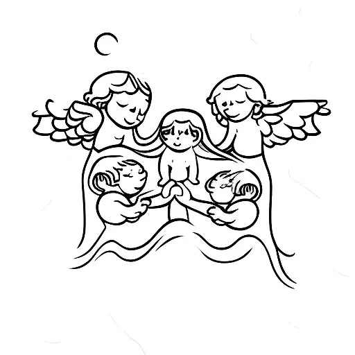 Three Cherubs Holding Hands And Flying In A Line