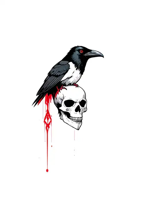 Raven And Skull With Red Elements Of Red