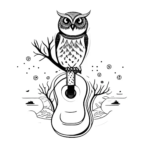 An Owl Perched On A Guitar Neck With A Moonlit Sea In The Background