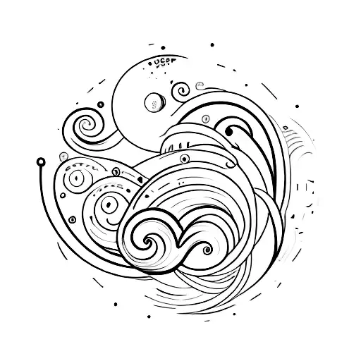 A Minimalist Design Of A Guitar With Waves And A Moon Incorporated Into The Body