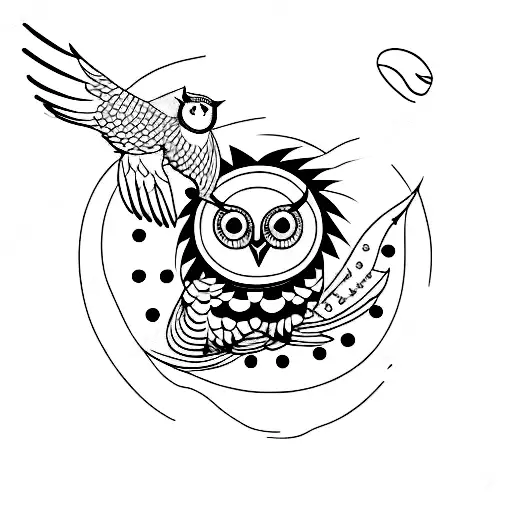 A Minimalist Tattoo Of A Guitar And An Owl Flying Over A Moonlit Sea