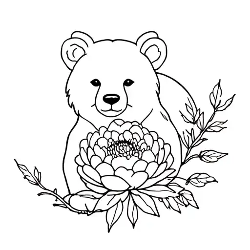 Bear In Peony With Leaves And Twig