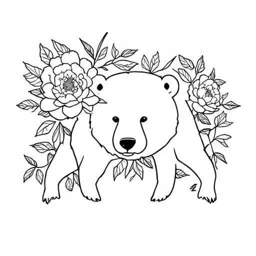 Bear With Peonies With Leaves And Twig