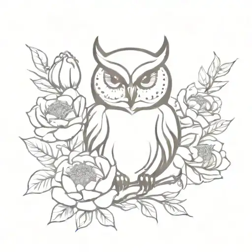 Owl And Peonies Female Tattoo Design
