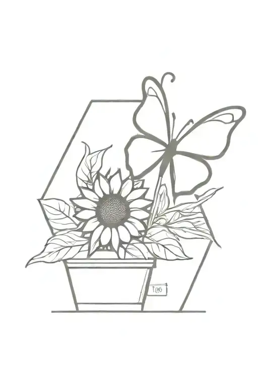 Stamp Frame With A Sunflower In A Plant Pot And A Butterfly Sitting On Top