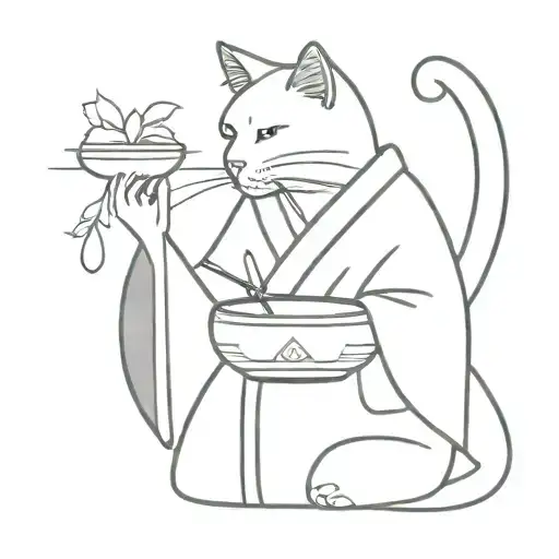 Cat In Kimono With Bowl In Hands