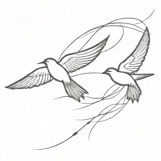 Two Swallows Flying Towards Each Other Over A Stormy Sea With Shading Fine Line