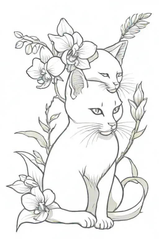 White Kitten Sits And Sniffs Orchid Branch