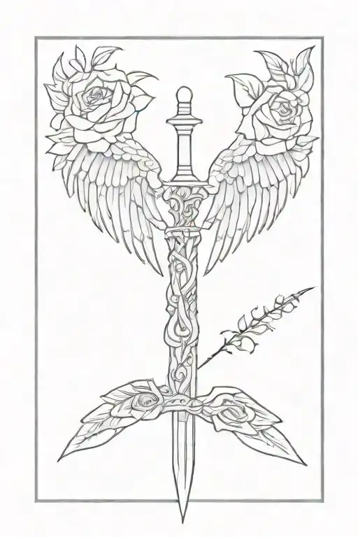 Spine Tattoo With In Neck Fallen Angels Wings And Fine Line Roses Below Making It A Sword Fine Line
