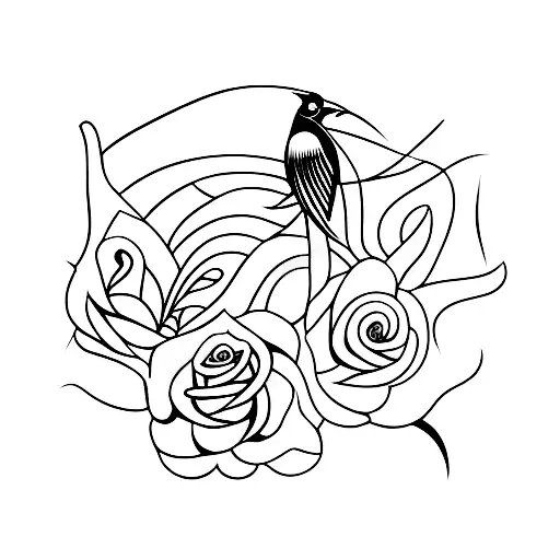 A Minimalist Tattoo Of A Bird Holding A Rose With Musical Notes Flowing From It