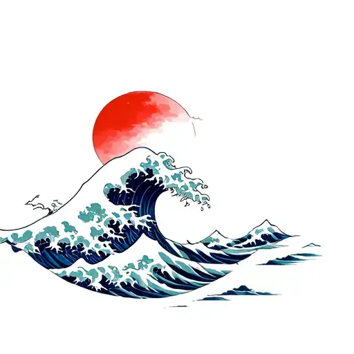 Great Wave Of Kanagawa With Toori Gate And Red Sun