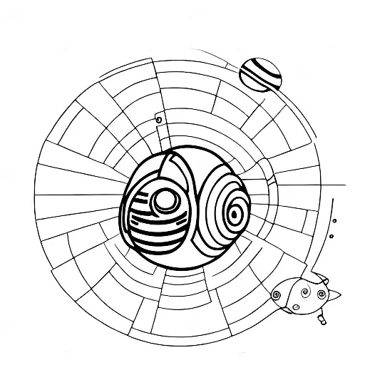 A Line Tattoo Of An Astronaut Floating Among Geometric Planets