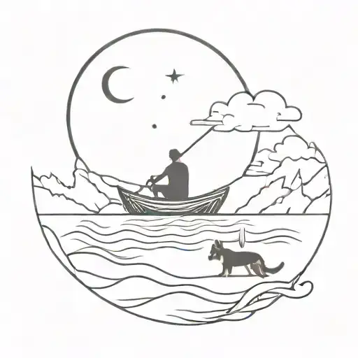 Man In Boat With German Shepherd Fishing For A Crescent Moon In The Water