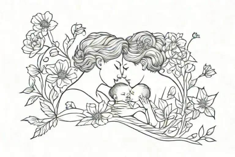 Crysanthemum And Sweet Pea Surrounding Short-haired Mom And Baby Boy
