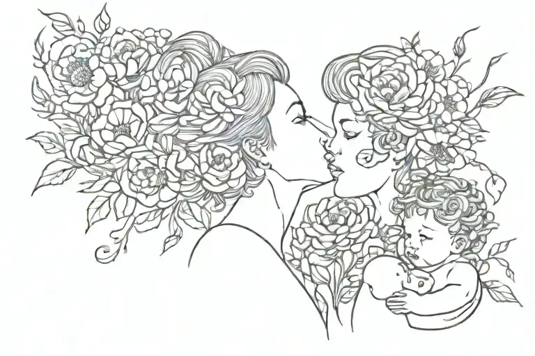 Crysanthemum And Sweet Pea Surrounding Short-haired Goddess And Baby Boy