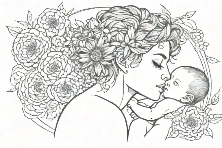 Crysanthemum And Sweet Pea Surrounding Short-haired Goddess And Baby Boy