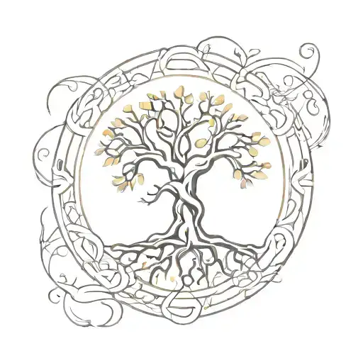 A Minimalist Tattoo Design Of A Tree Intertwined With Symbols From Mythology