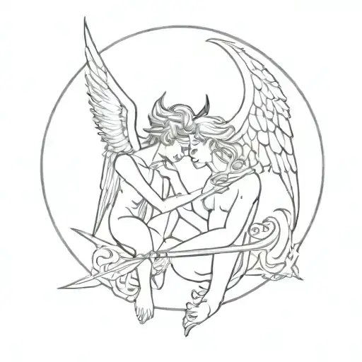 Couple Tattoo Lovers Angel And Demon With Swords Sun And Moon