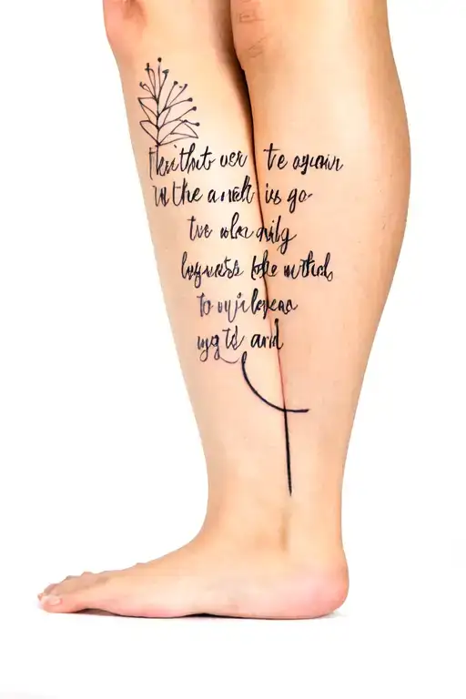 A Left Side Of The Leg Tattoo With A Powerful Quote With