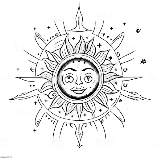 A Celestial-themed Tattoo Featuring A Sun With Heart Eyes Surrounded By Stars