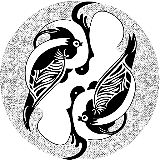 Two Koi Fish In A Circle With Waves And Flowers Surrounding