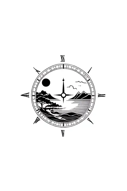 Japanese Frame Style With Time Compass Tree Sea Mountains Sun