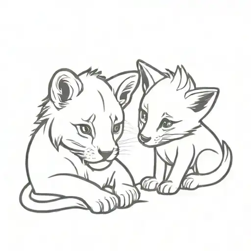 Lion Cub And Fox Cub Sitting Next To Each Other