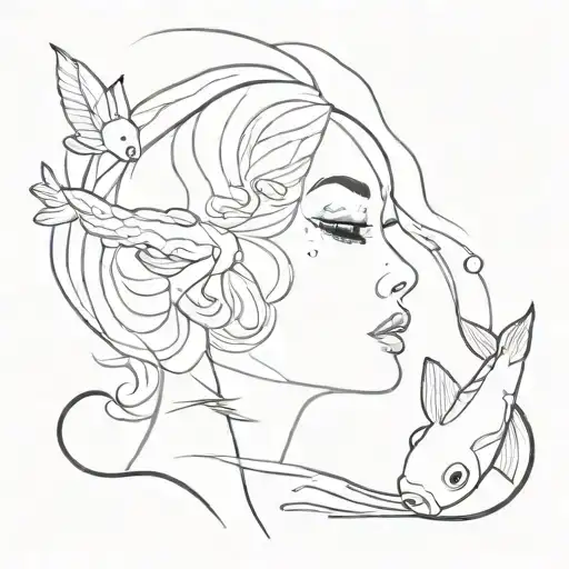 Line Art Of A Womans Face Leading Into Two Koi Fish