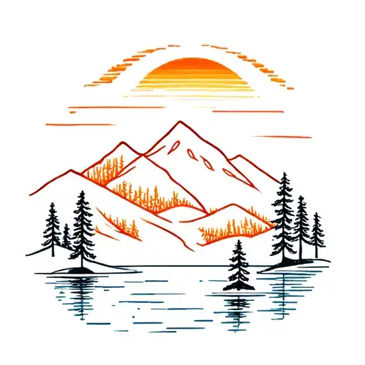 Mountain And Pine Trees Sunset Over Lake