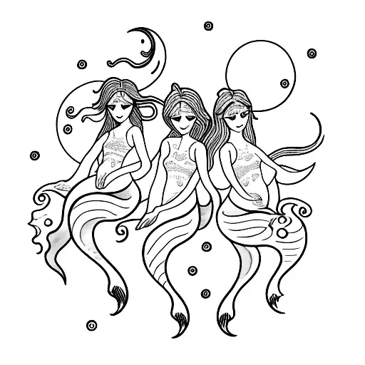 Three Mermaids In Line And A Full Moon