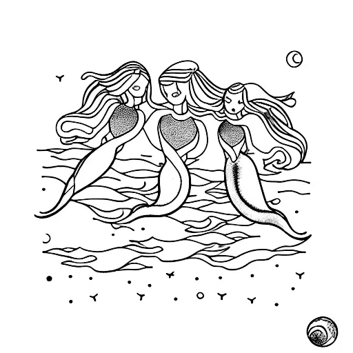 Three Mermaids In Line Swimming And A Full Moon