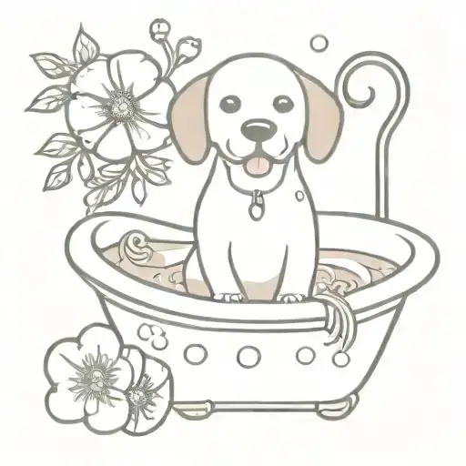 Dog In Bathtub Bubbles Flowers Scissors
