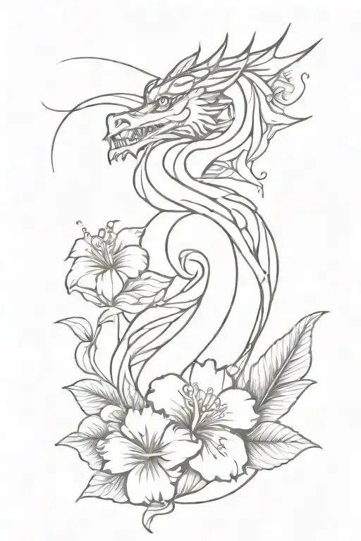 Dragon With Hibiscus Flowers Intertwined