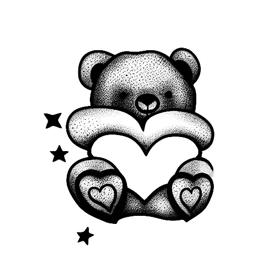 Fine Line Black And White Teddy Bear With Heart Nose And Stars And Moon