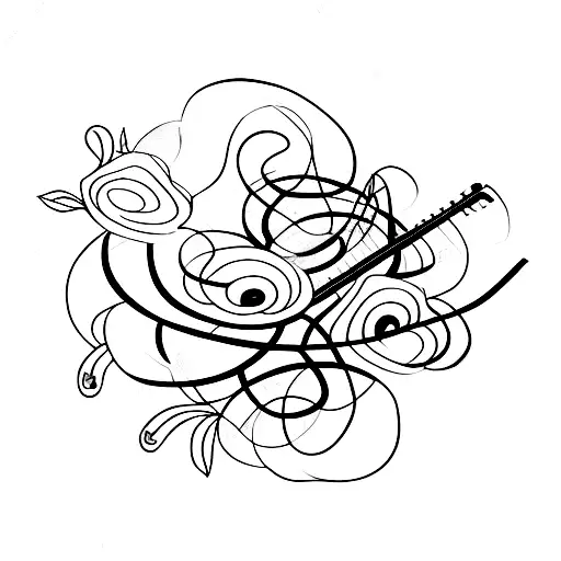 A Microphone And Guitar Intertwined With Vines And Flowers