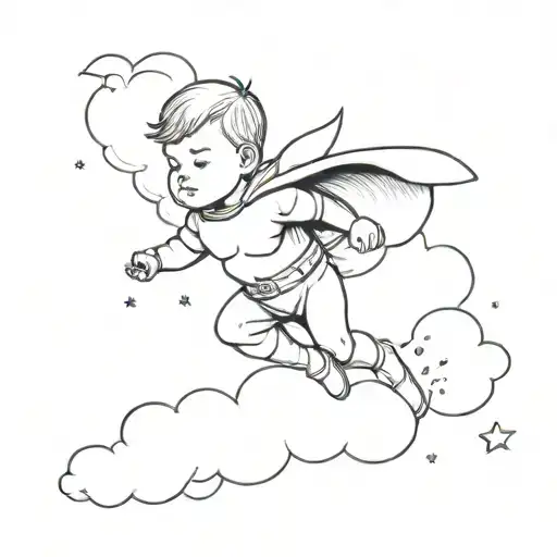Baby Boy Superhero Flying Through The Clouds