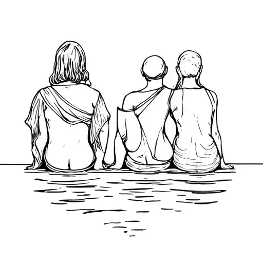 Three People Sitting On A Wall Next To A Body Of Water